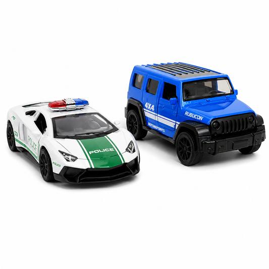 Die-cast blue Jeep Wrangler Rubicon and white Lamborghini-style Dubai police car pull-back toy combo