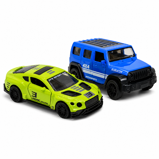 Die-cast blue Jeep Wrangler Rubicon and neon yellow-green ADAC GT3 racer pull-back toy car combo