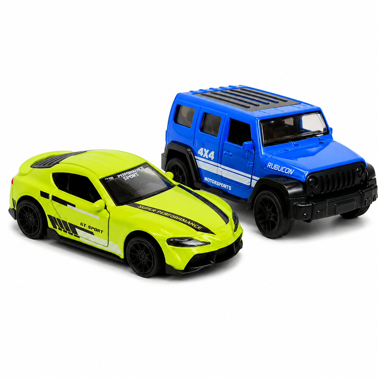 Die-cast blue Jeep Wrangler Rubicon and neon yellow-green GT Sport Super Performance pull-back toy car combo