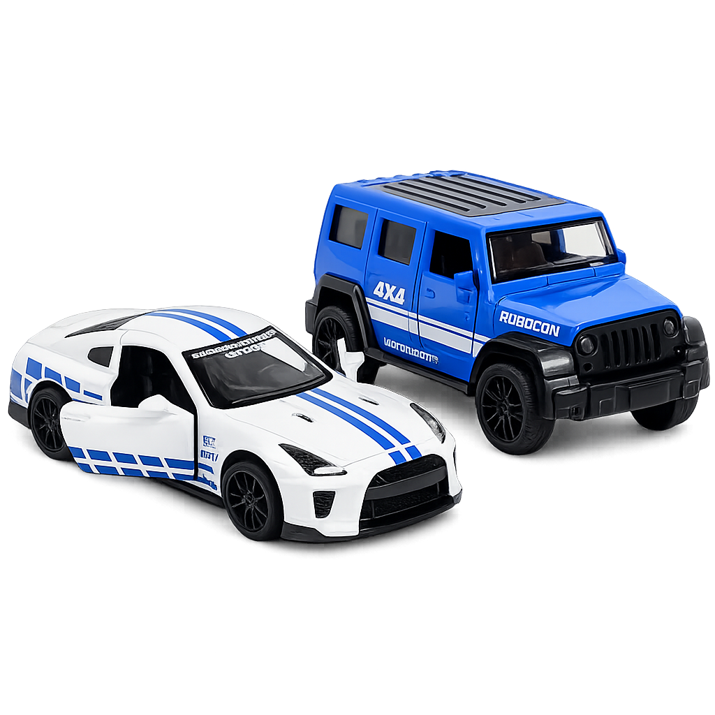 Die-cast blue Jeep Wrangler Rubicon and white GT-R style racer pull-back toy car combo