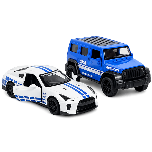 Die-cast blue Jeep Wrangler Rubicon and white GT-R style racer pull-back toy car combo