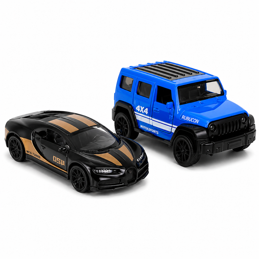 Die-cast blue Jeep Wrangler Rubicon and black Bugatti Chiron-style W16 Turbo pull-back toy car combo
