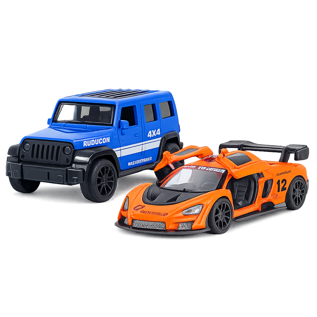 Die-cast blue Jeep Wrangler Rubicon and orange McLaren-style racer pull-back toy car combo with butterfly doors