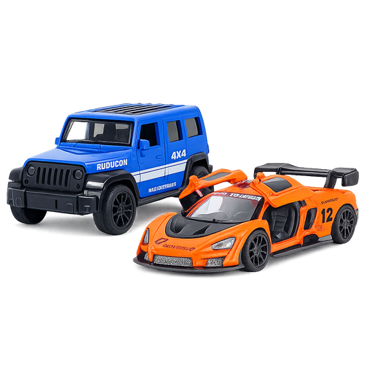 Die-cast blue Jeep Wrangler Rubicon and orange McLaren-style racer pull-back toy car combo with butterfly doors