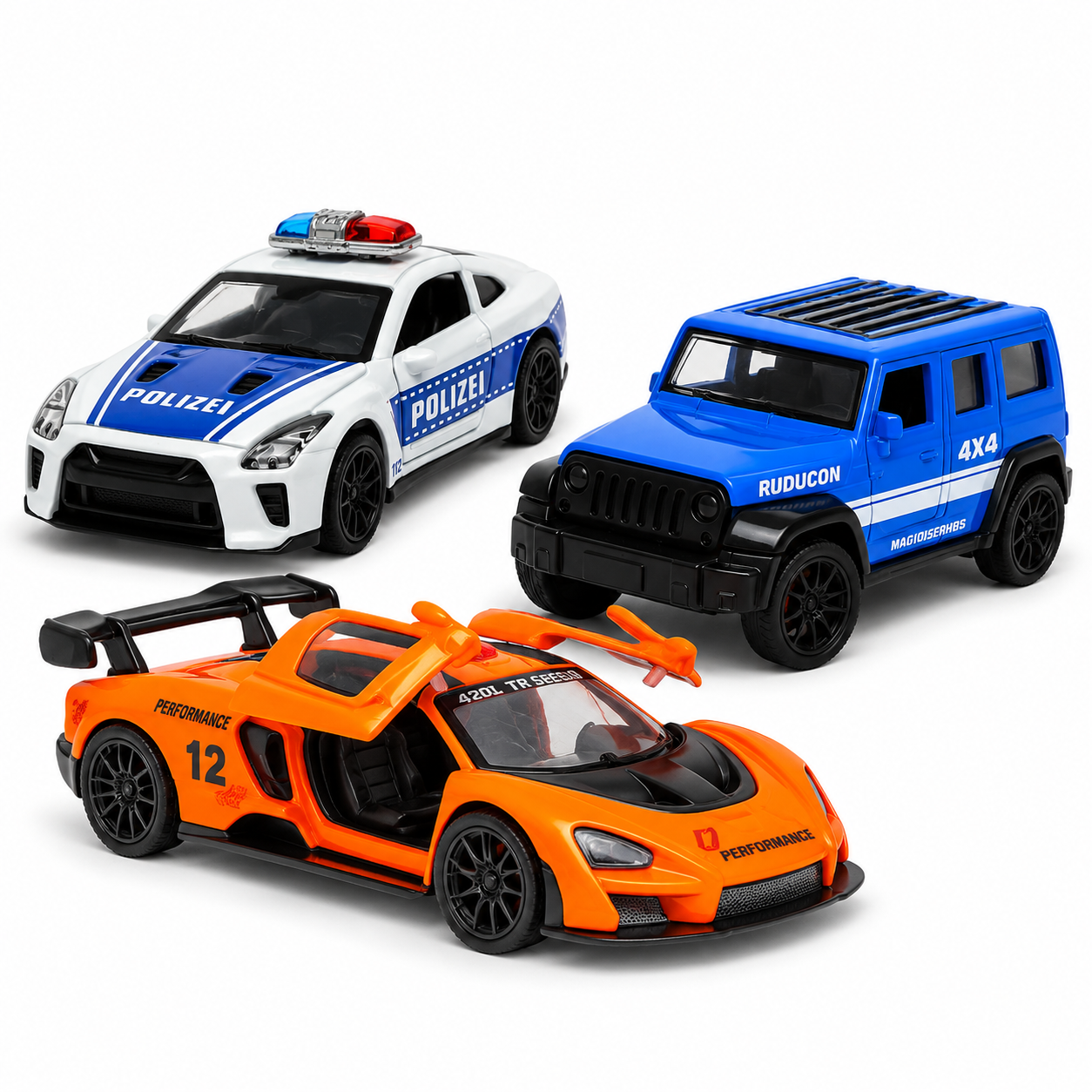 Die-cast white police GT-R, blue Jeep Wrangler Rubicon and orange McLaren-style racer 3-car pull-back toy combo