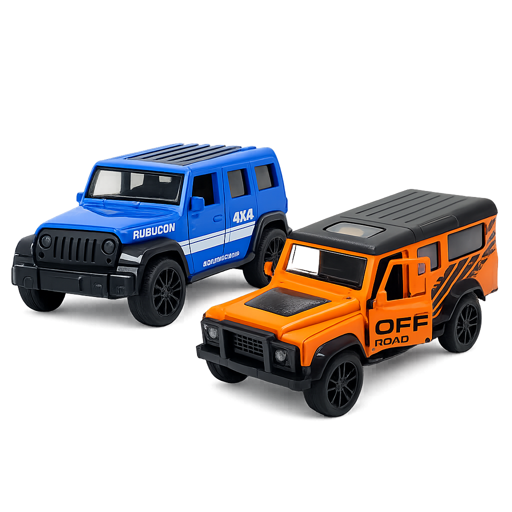 Die-cast blue Jeep Wrangler Rubicon and orange Land Rover Defender pull-back toy car combo