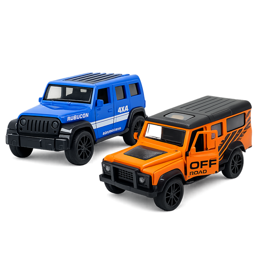 Die-cast blue Jeep Wrangler Rubicon and orange Land Rover Defender pull-back toy car combo
