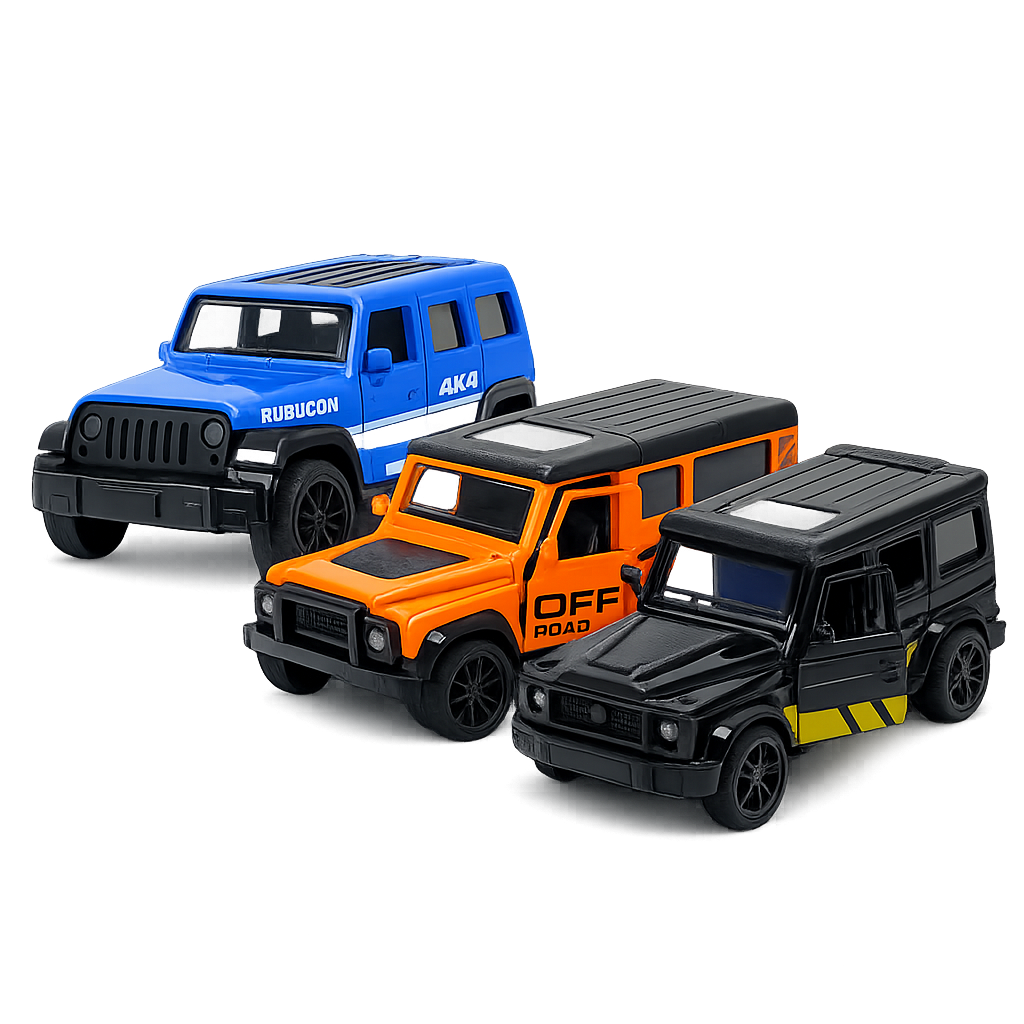 Die-cast blue Jeep Wrangler Rubicon, orange Land Rover Defender and black Mercedes-AMG G-Wagon 3-car pull-back toy combo