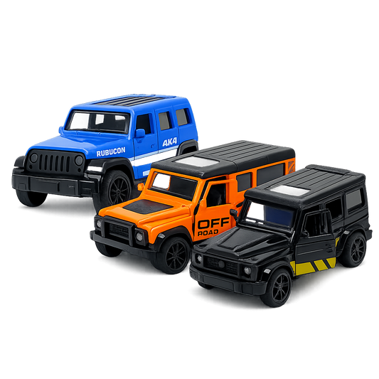 Die-cast blue Jeep Wrangler Rubicon, orange Land Rover Defender and black Mercedes-AMG G-Wagon 3-car pull-back toy combo