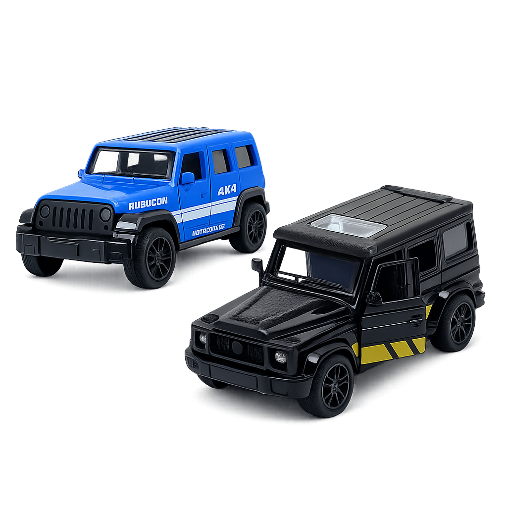 Die-cast blue Jeep Wrangler Rubicon and black Mercedes-AMG G-Wagon pull-back toy car combo