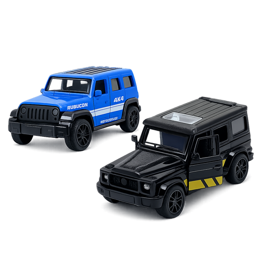 Die-cast blue Jeep Wrangler Rubicon and black Mercedes-AMG G-Wagon pull-back toy car combo