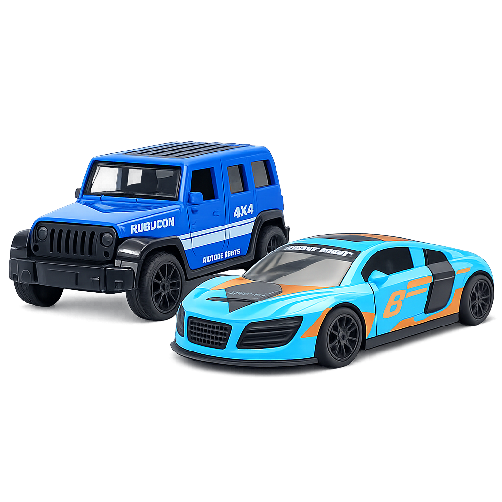 Die-cast blue Jeep Wrangler Rubicon and sky blue Audi R8-style racer pull-back toy car combo