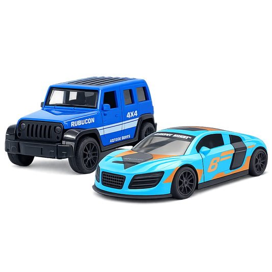 Die-cast blue Jeep Wrangler Rubicon and sky blue Audi R8-style racer pull-back toy car combo
