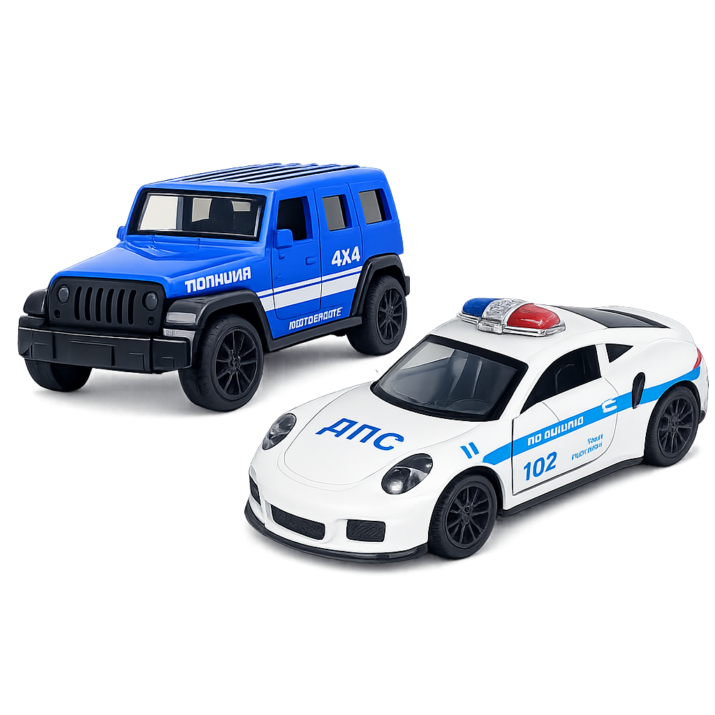 Die-cast blue police Jeep Wrangler and white Porsche-style police car pull-back toy combo