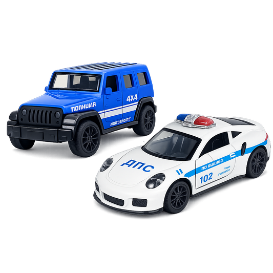 Die-cast blue police Jeep Wrangler and white Porsche-style police car pull-back toy combo