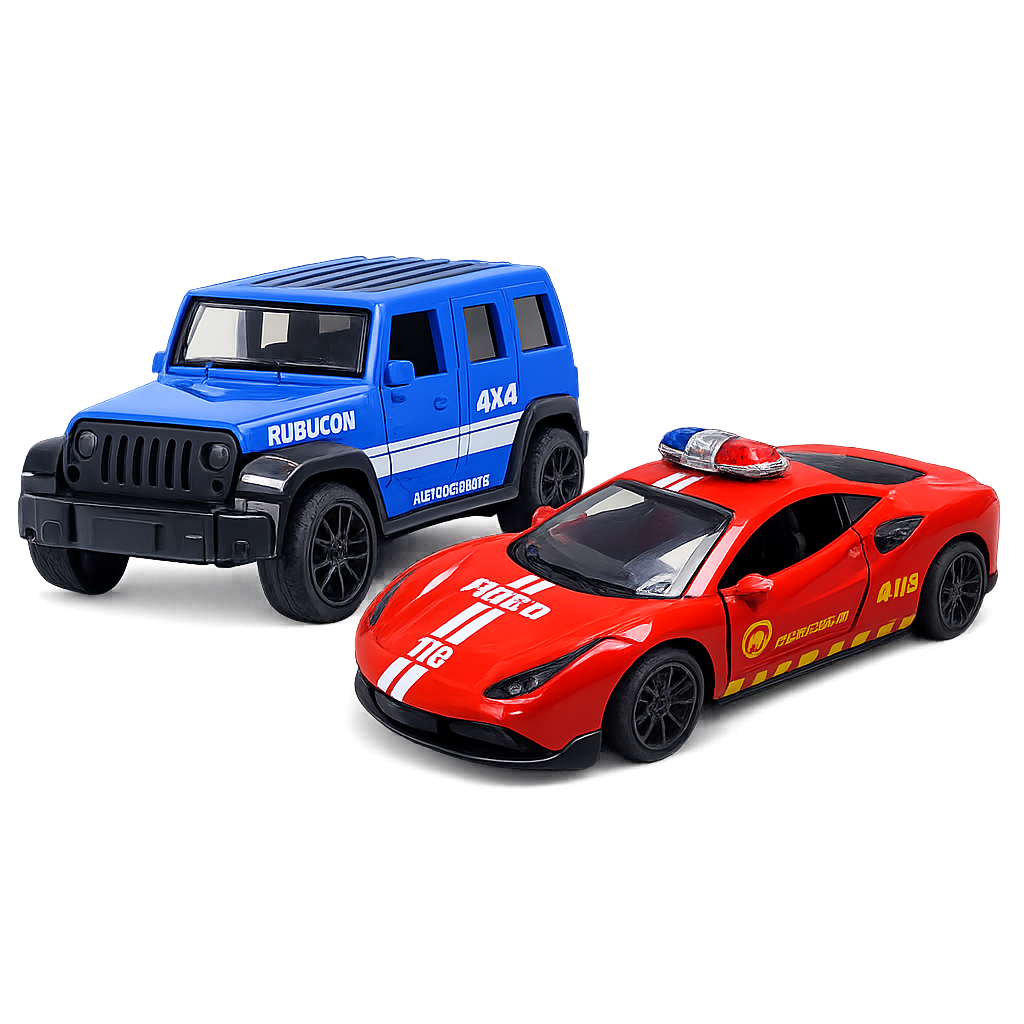 Die-cast blue Jeep Wrangler Rubicon and red fire rescue supercar pull-back toy combo