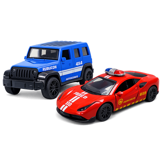 Die-cast blue Jeep Wrangler Rubicon and red fire rescue supercar pull-back toy combo