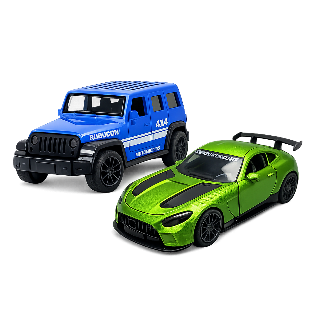 Die-cast blue Jeep Wrangler Rubicon and metallic green Mercedes-AMG GT-style coupe pull-back toy car combo