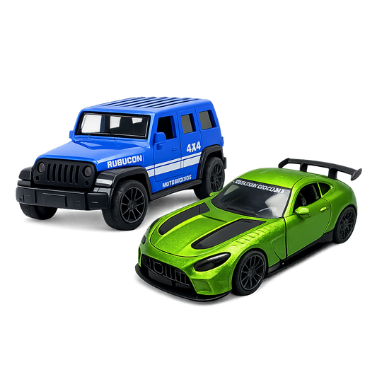 Die-cast blue Jeep Wrangler Rubicon and metallic green Mercedes-AMG GT-style coupe pull-back toy car combo
