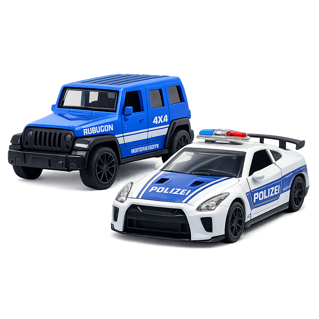 Die-cast blue Jeep Wrangler Rubicon and white GT-R Polizei police car pull-back toy combo