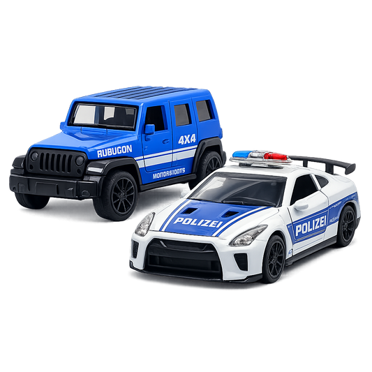 Die-cast blue Jeep Wrangler Rubicon and white GT-R Polizei police car pull-back toy combo