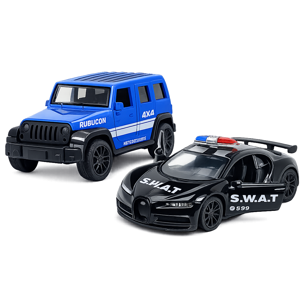 Die-cast blue Jeep Wrangler Rubicon and black Bugatti-style SWAT car pull-back toy combo