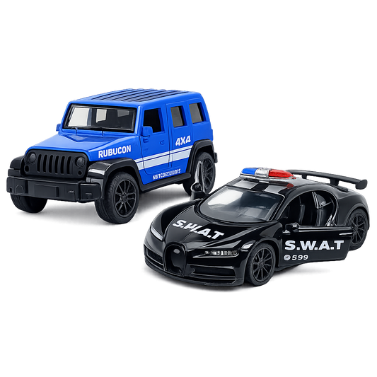Die-cast blue Jeep Wrangler Rubicon and black Bugatti-style SWAT car pull-back toy combo