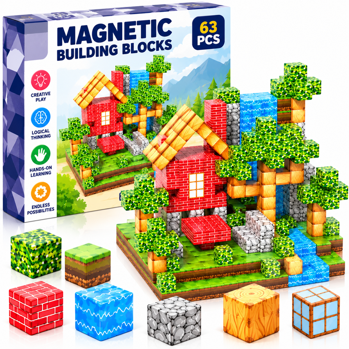 3D magnetic building blocks 63 pcs with 2.5cm cubes – main image