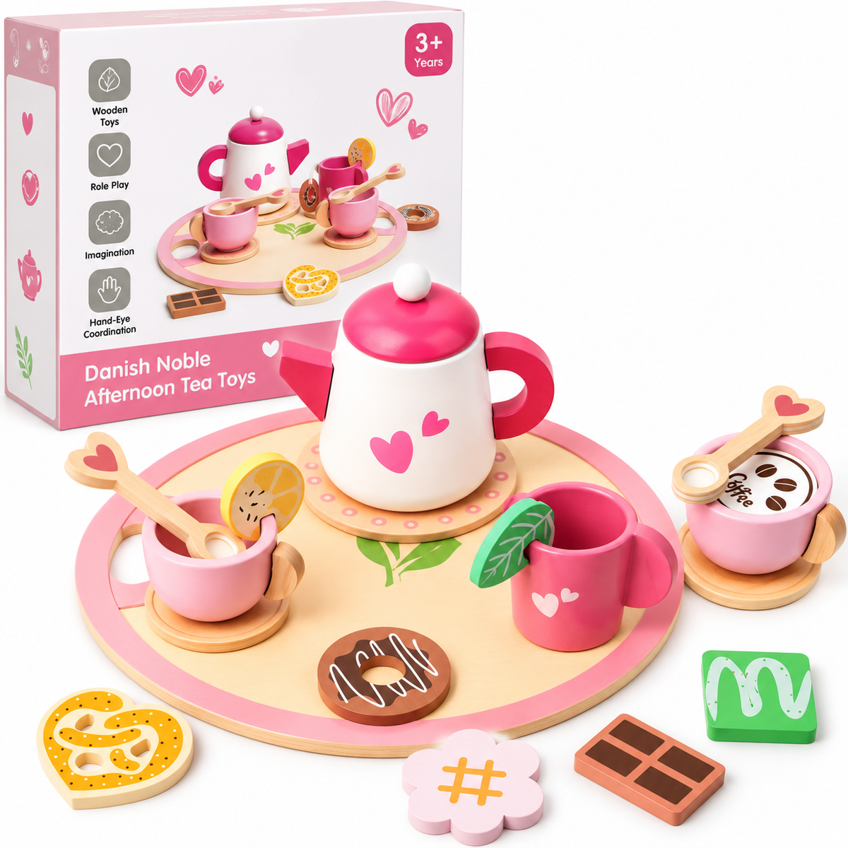 Complete tea party set contents – 1 teapot, 2 tea cups, 1 mug, 3 saucers, 2 spoons, donut, pretzel, flower cookie, chocolate, cake