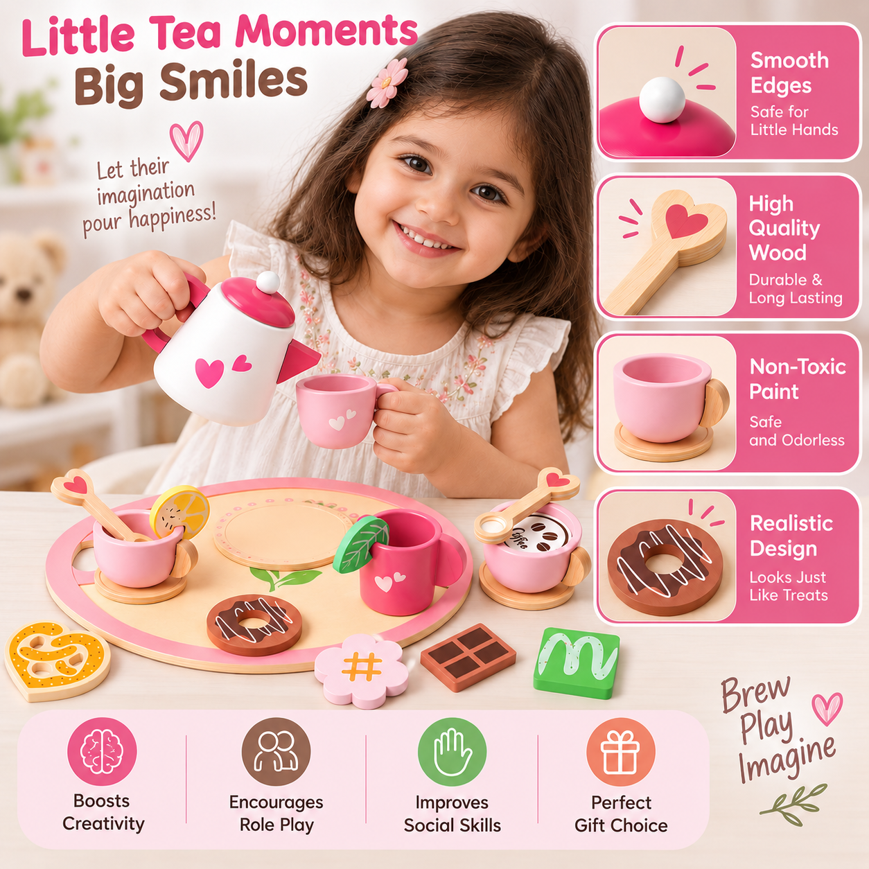 Girl playing with wooden tea set – pretend play real development