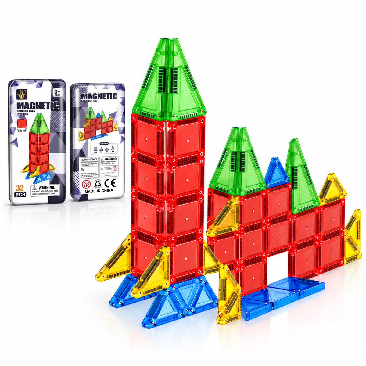 Mini Magnetic Building Tiles 32 Pcs – colorful tiles on a table with rocket and castle builds, iron box packaging shown