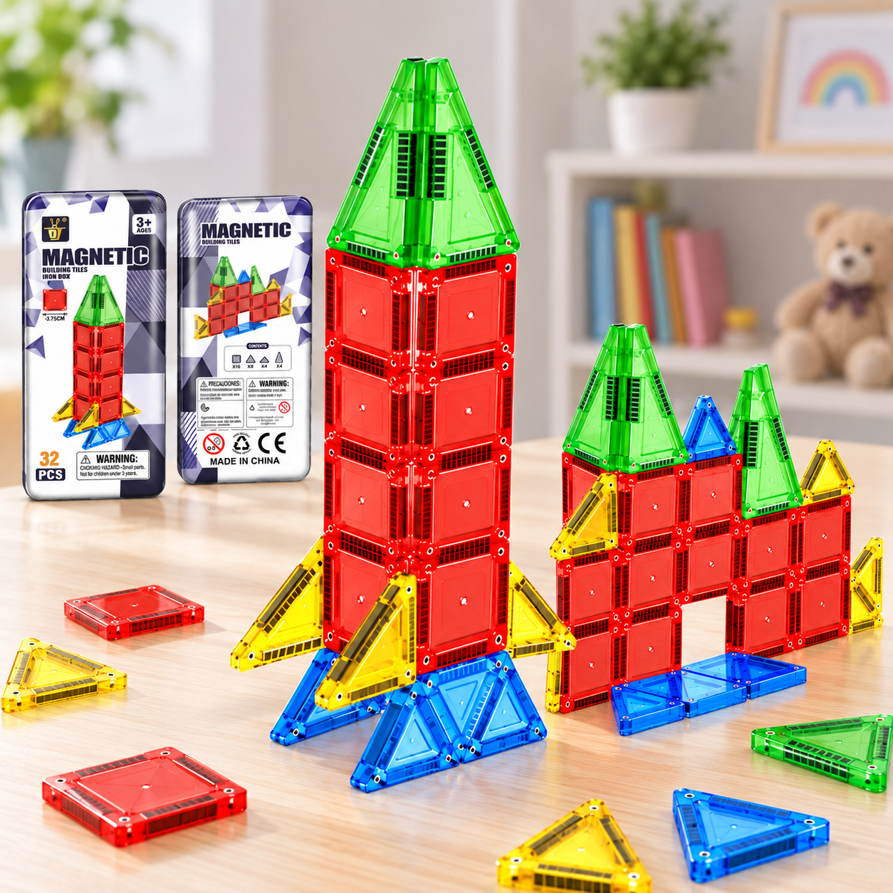 Magnetic Building Tiles 32 Pcs set – rocket and castle structures on white background with iron box