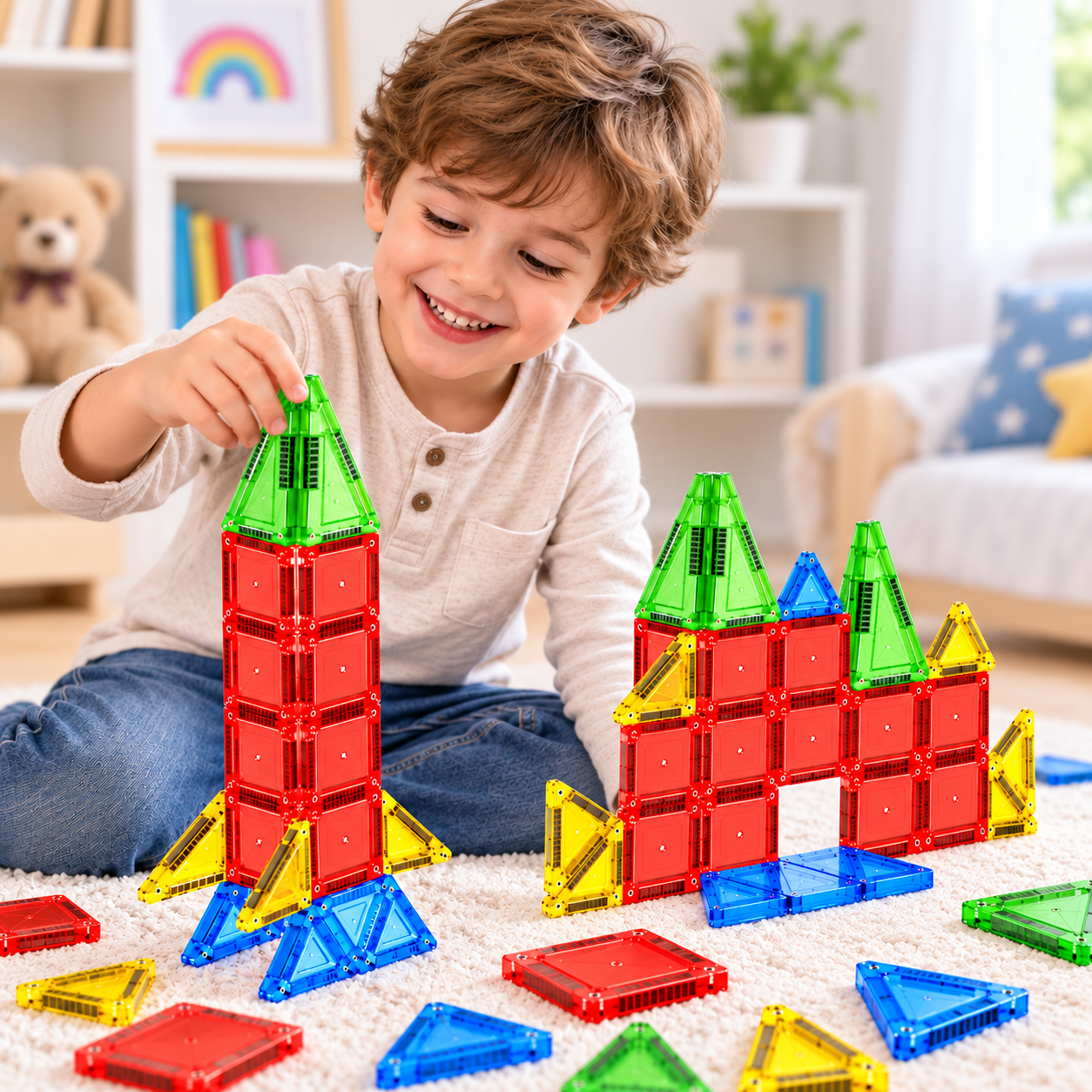 Happy boy playing with mini magnetic building tiles on carpet – STEM educational toy