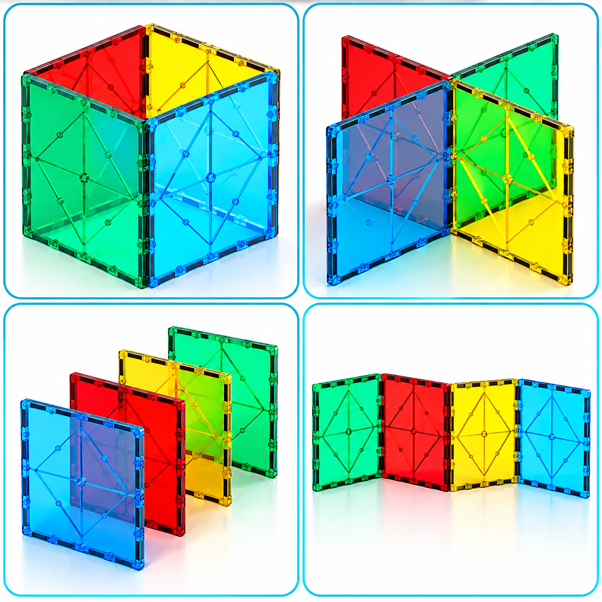 Colourful magnetic tile configurations built with large square tiles