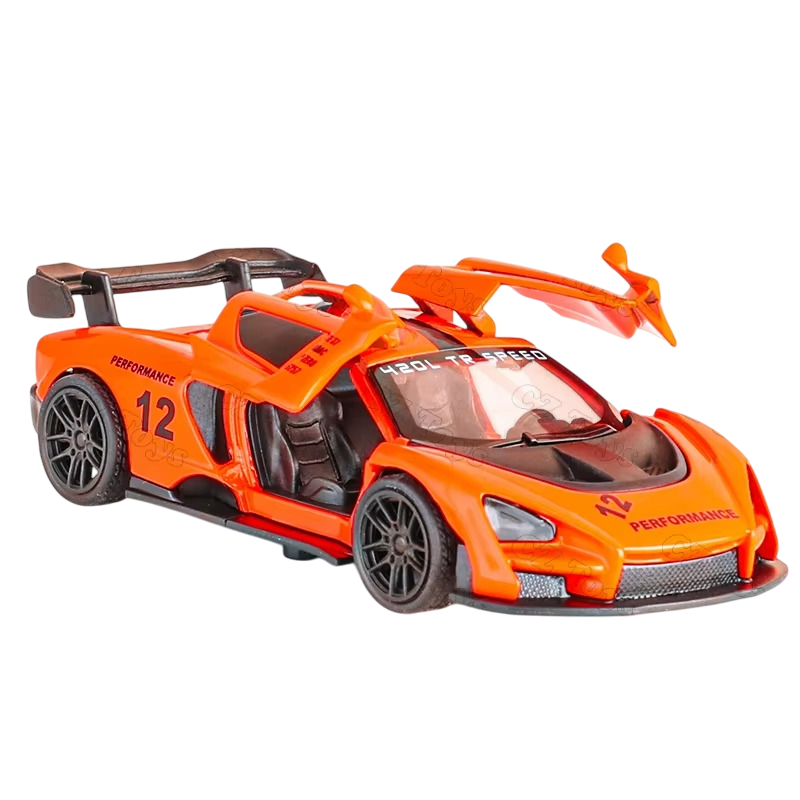 McLaren Senna 1:43 Die-Cast Metal Toy Car in Orange — Pull Back & Openable Doors (Ages 3-7)