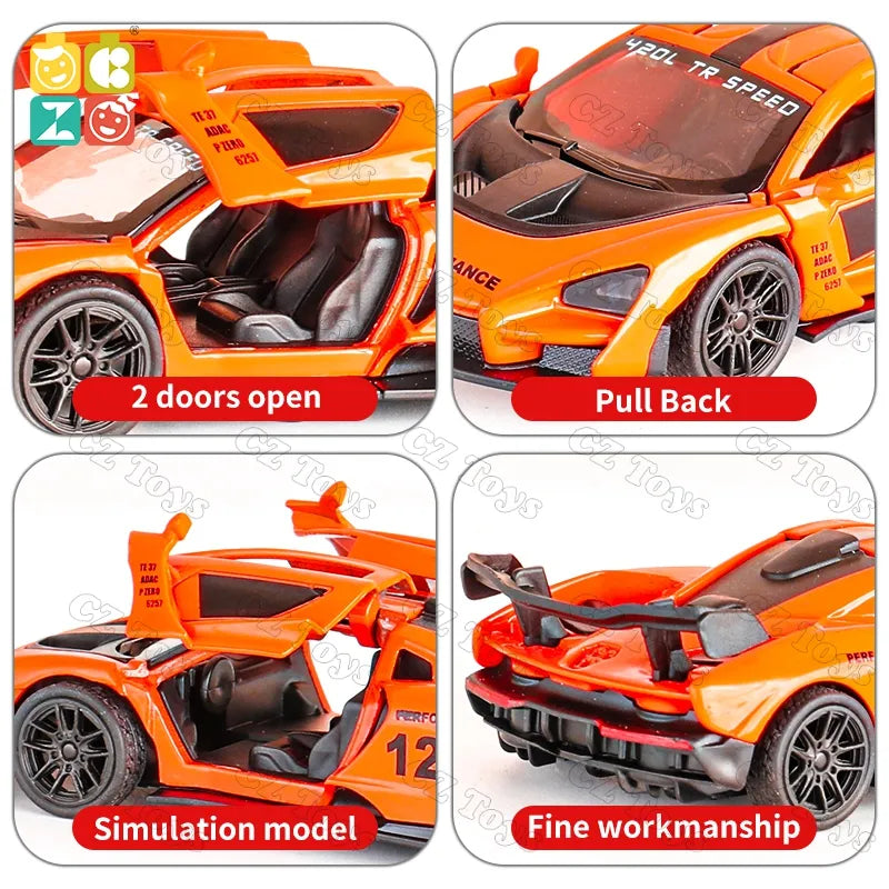 McLaren Senna 1:43 Die-Cast Metal Toy Car in Orange — Pull Back & Openable Doors (Ages 3-7)