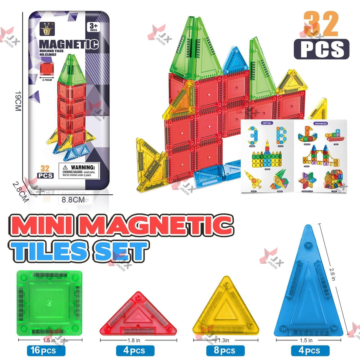 Mini Magnetic Tiles Set contents – 16 squares, 4 red triangles, 8 yellow triangles, 4 blue triangles with dimensions and iron box