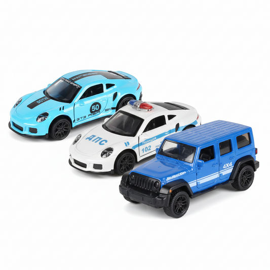 Die-Cast Cars Set | Blue Rubicon & Porsche 1:43 Pull Back Toy Cars (Ages 3-7)