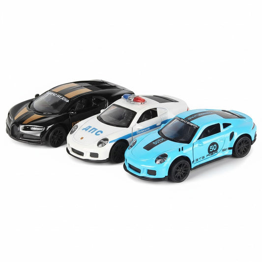 Die-Cast Cars Set | Black Bugatti & Porsche 1:43 Pull Back Toy Cars (Ages 3-7)