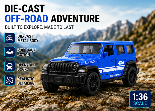 Jeep Rubicon 1:36 Die-Cast Metal Toy Car — Blue | Pull Back (Ages 3-7)