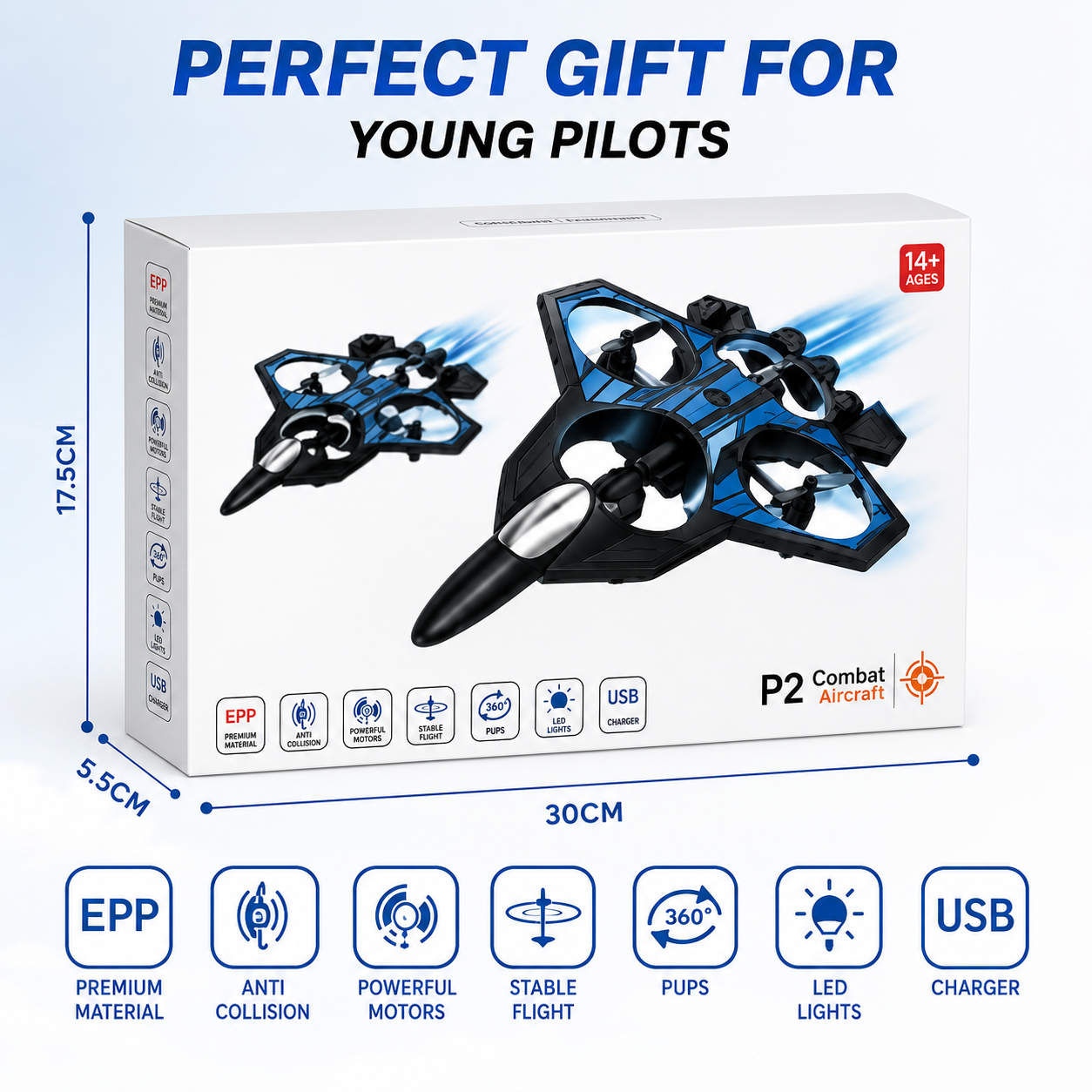 P2 Combat Aircraft RC Plane for Kids | 360° Flips, LED Lights & 6-Axis Gyroscope