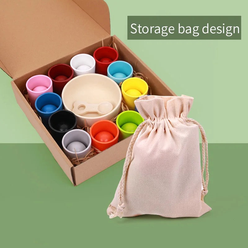 Wooden 12-Colour Sorting Toy — Montessori Balls & Cups Set with Safe 40mm Balls (Ages 3-7)