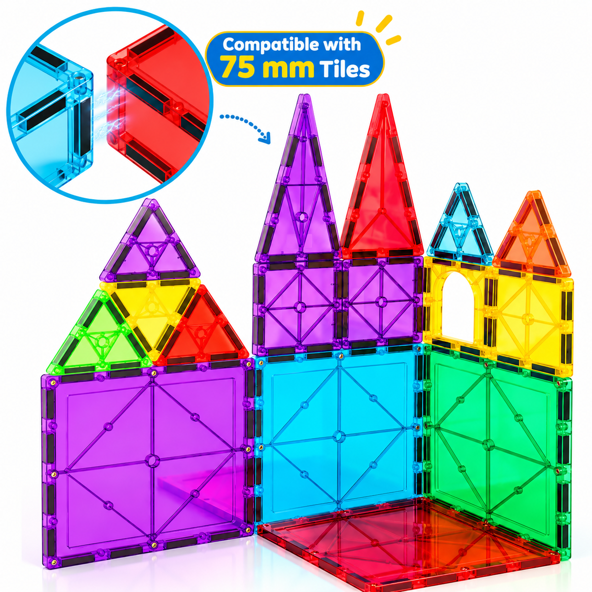 Castle built from large square magnetic tiles for kids