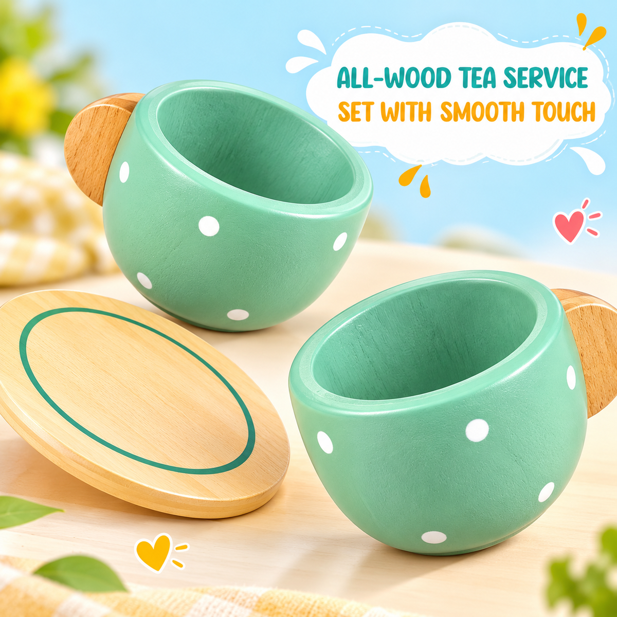 Mint green wooden toy tea set pieces for pretend play