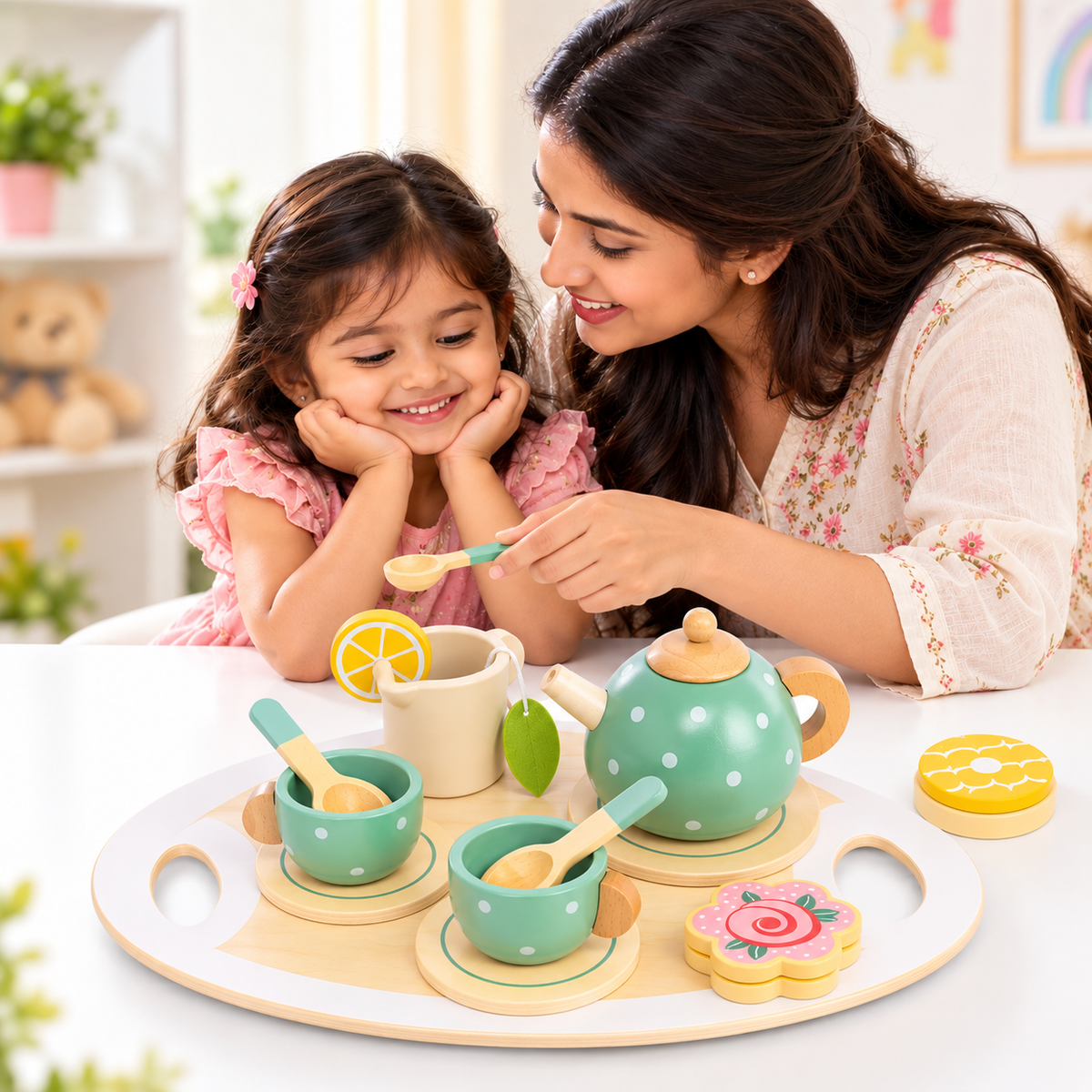 Mother and daughter enjoying a pretend tea party with the wooden tea set
