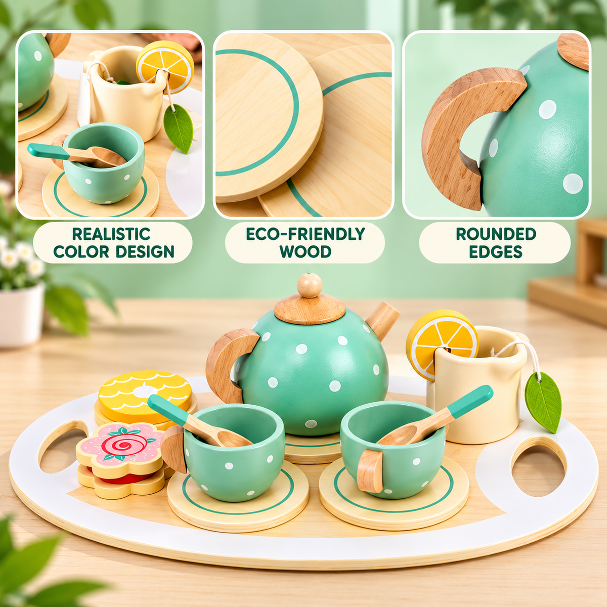 Pastel wooden toy tea set showcase