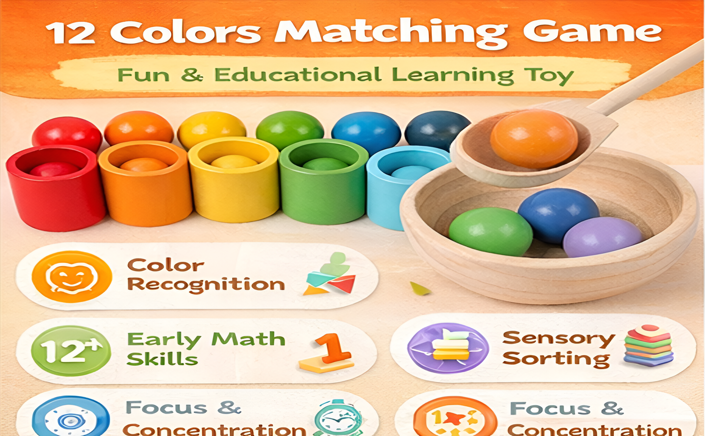 Wooden Colour Sorting Toy — 12 Balls & 12 Cups | Montessori Toddler Toy
