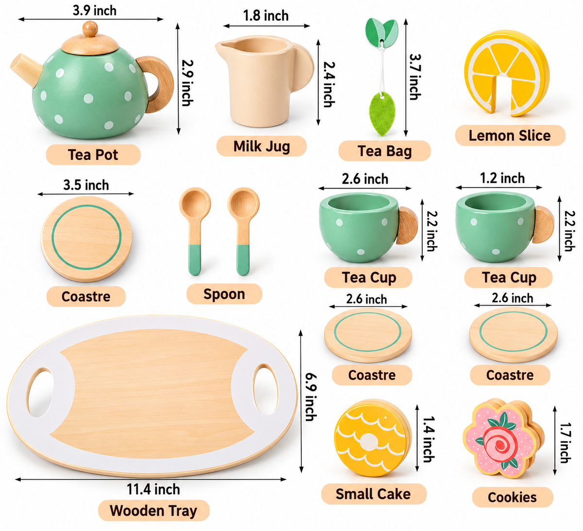 Size guide showing dimensions of the wooden toy tea set