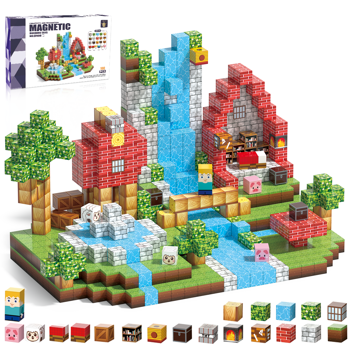 Minecraft 3D Magnetic Building Blocks – Waterfall Theme | 100 Pieces | 2cm Cubes