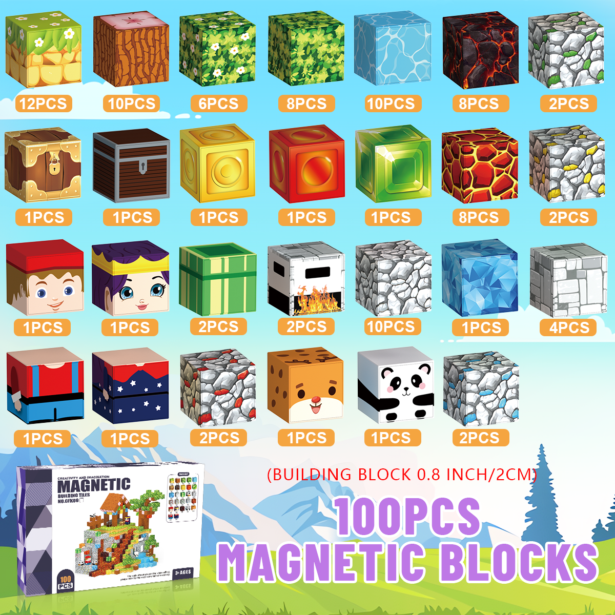 Minecraft 3D Magnetic Building Blocks – Village Theme | 100 Pieces | 2cm Cubes (Ages 3-7)